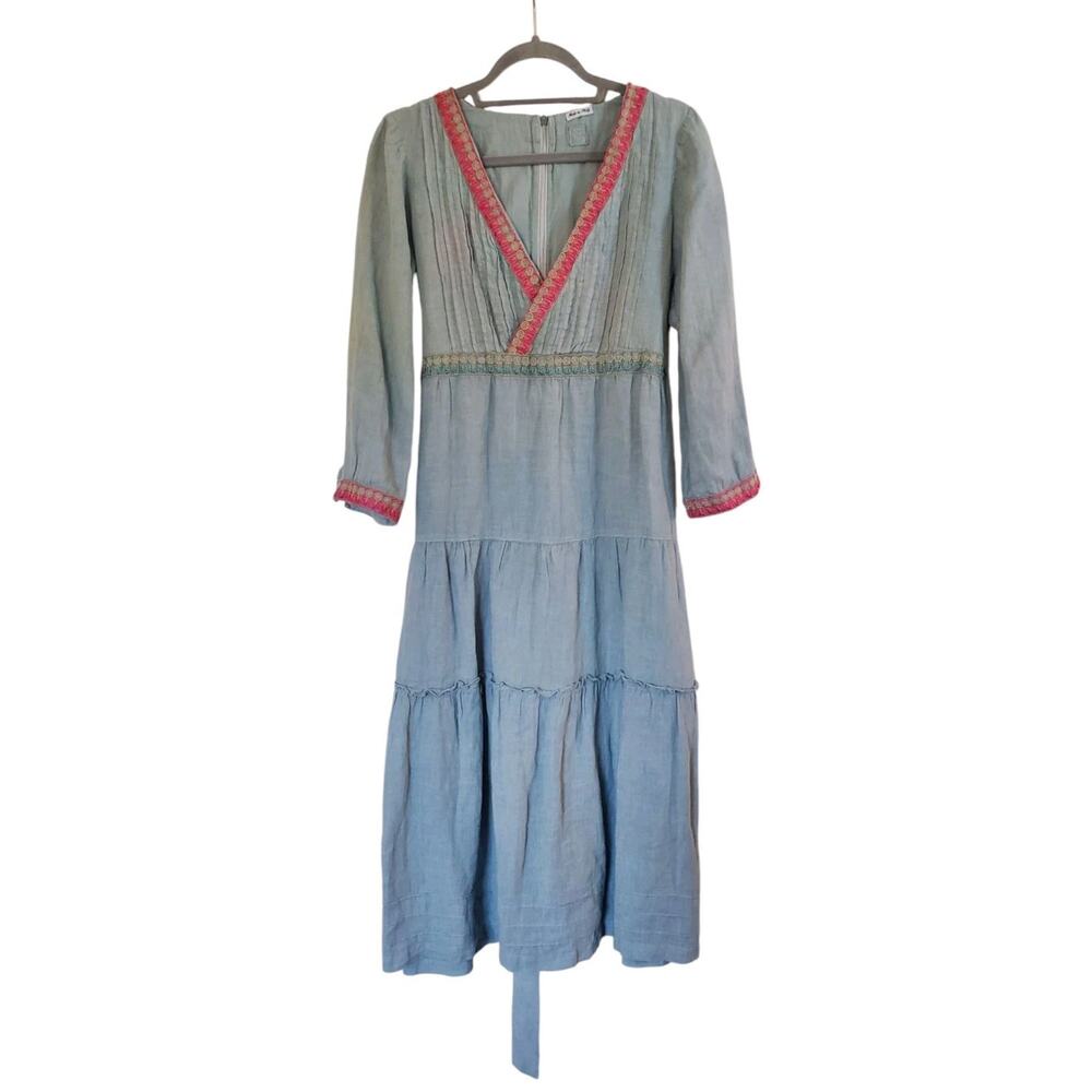 120% Lino Paris Linen Blue Embroidered Tiered Prairie Boho Maxi Dress, Sz Medium